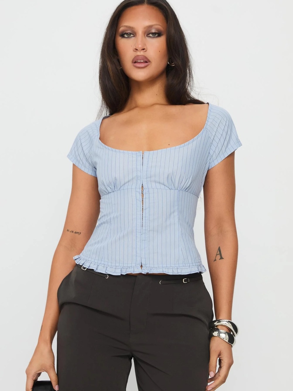 Princess Polly Light Blue Pinstripe Square-Neck Ruffle-Hem Top